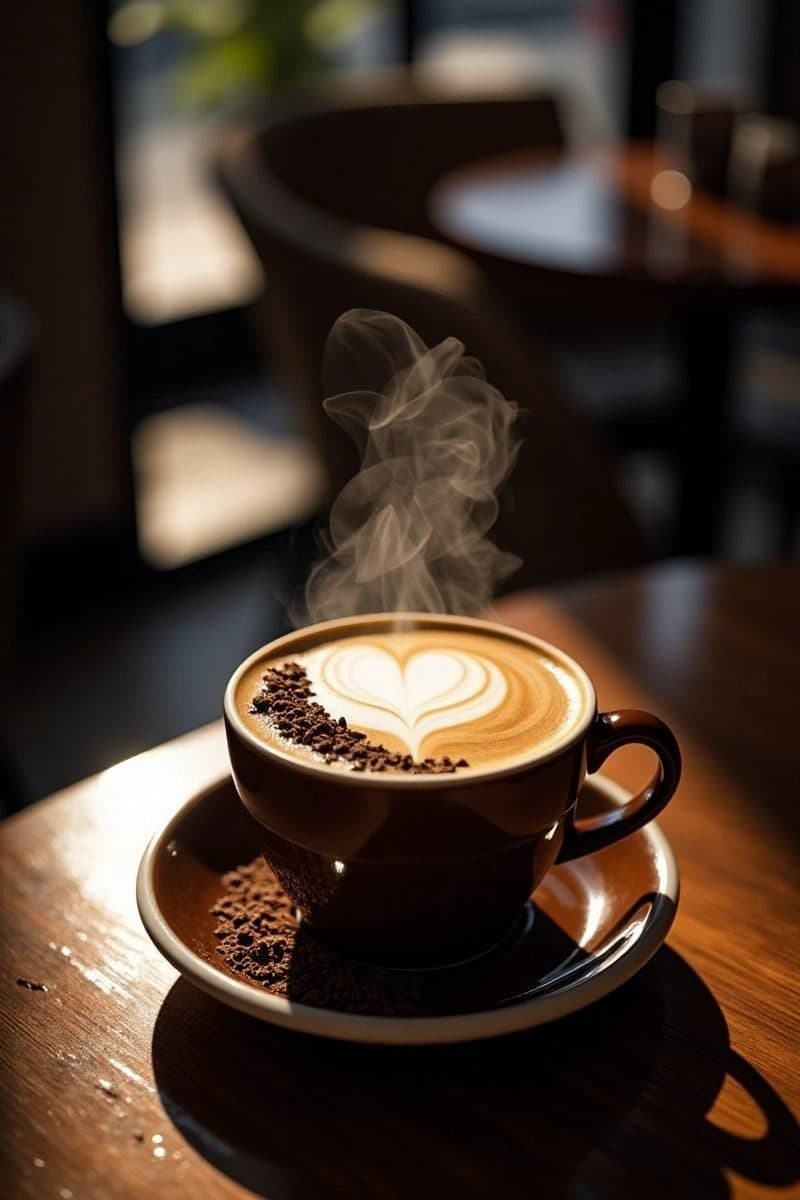 Latte with heart art, steam rising